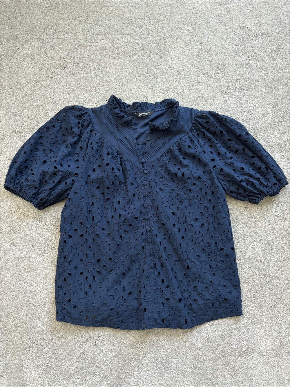 Navy Eyelet Puff-Sleeve Top
